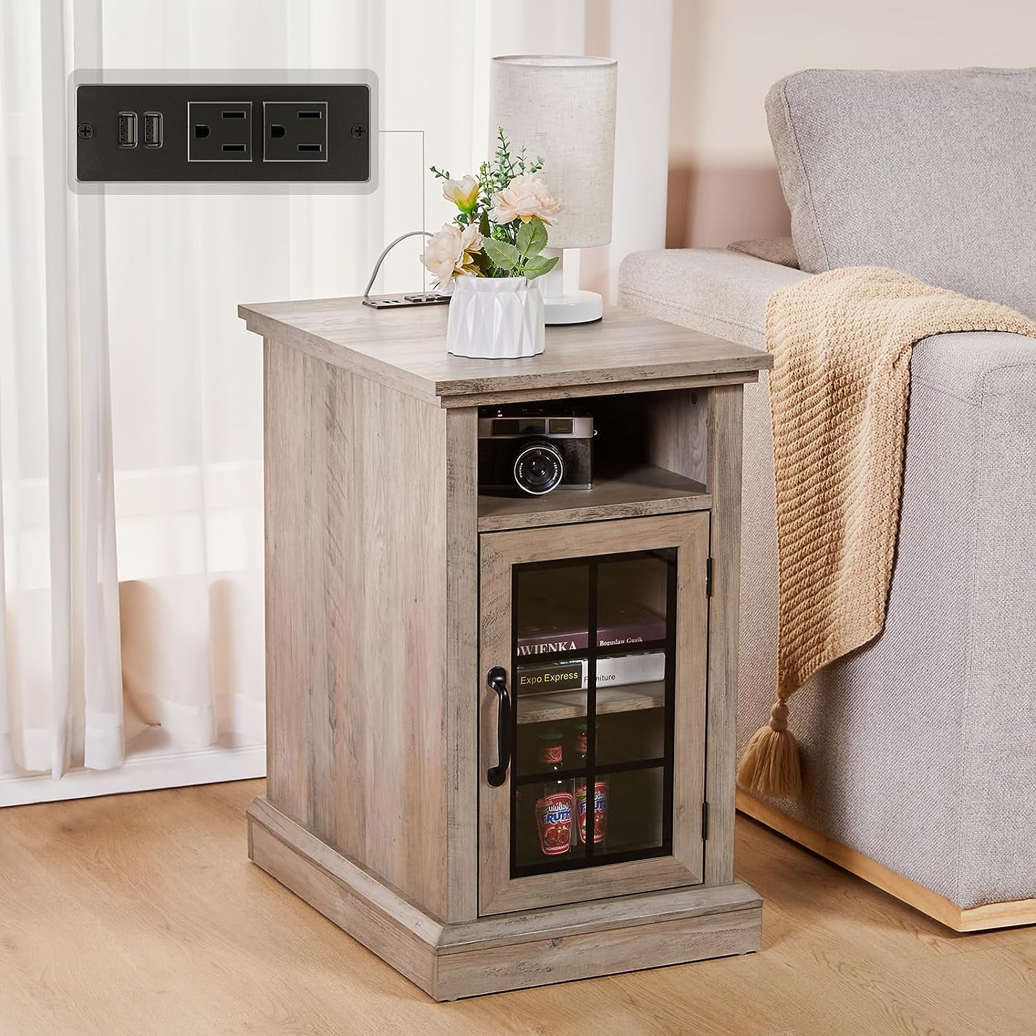 AMERLIFE End Table with Charging Station, Side Table with Power Outlets