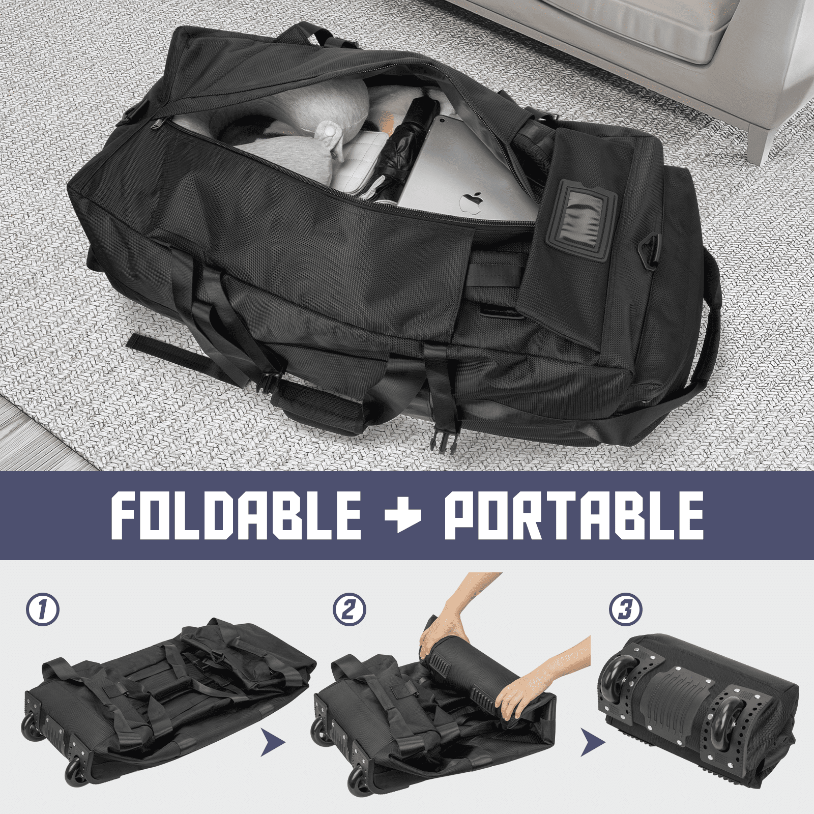 DAKOMM 90L Foldable Rolling Duffel Bag with Wheels, Extra Large 34 Inch Travel Duffel Bag with Shoulder Strap for Travel Camping Sports, Waterproof Large Gym Bag, Travel Backpack For Men Women, Black
