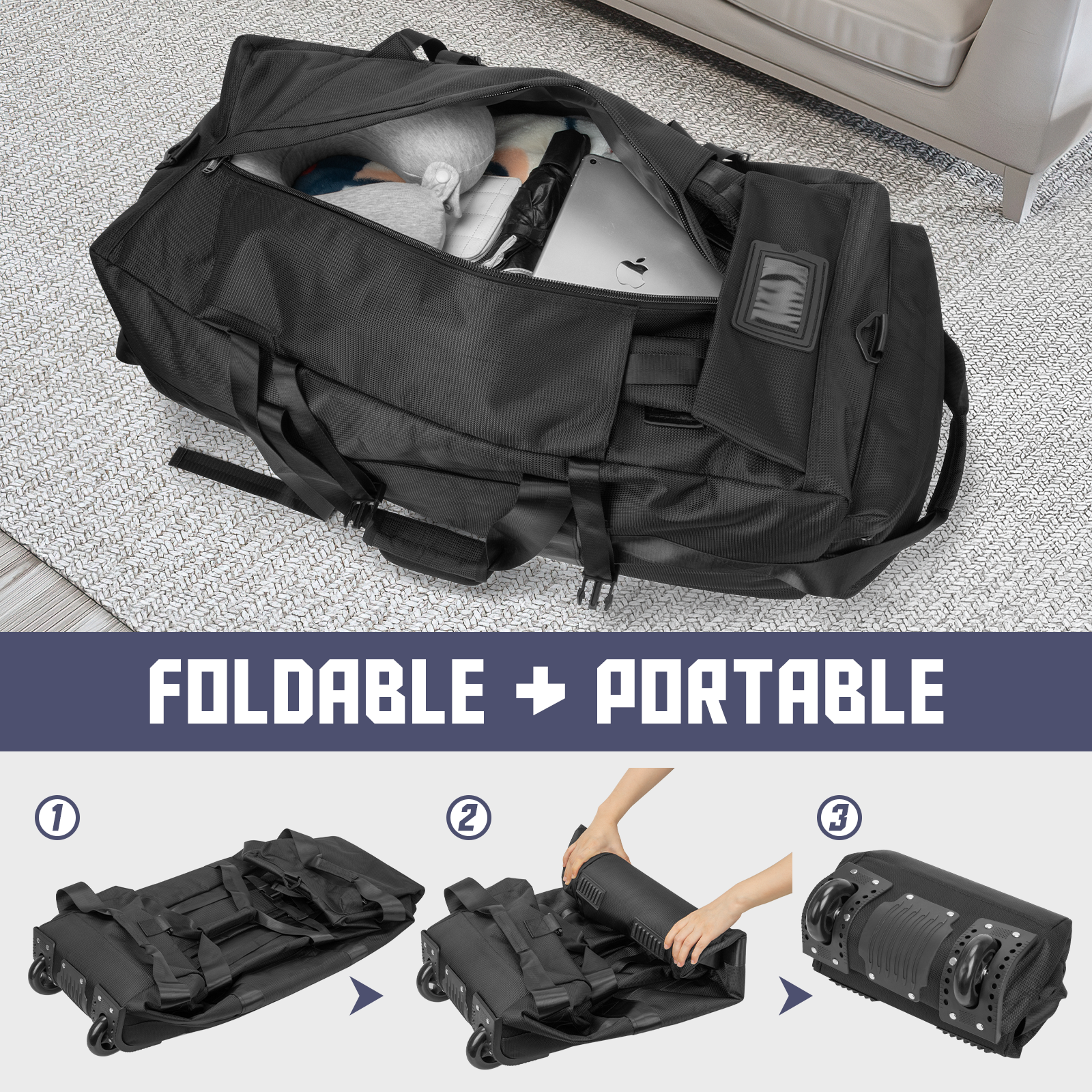 DAKOMM 90L Foldable Rolling Duffel Bag with Wheels photo 3