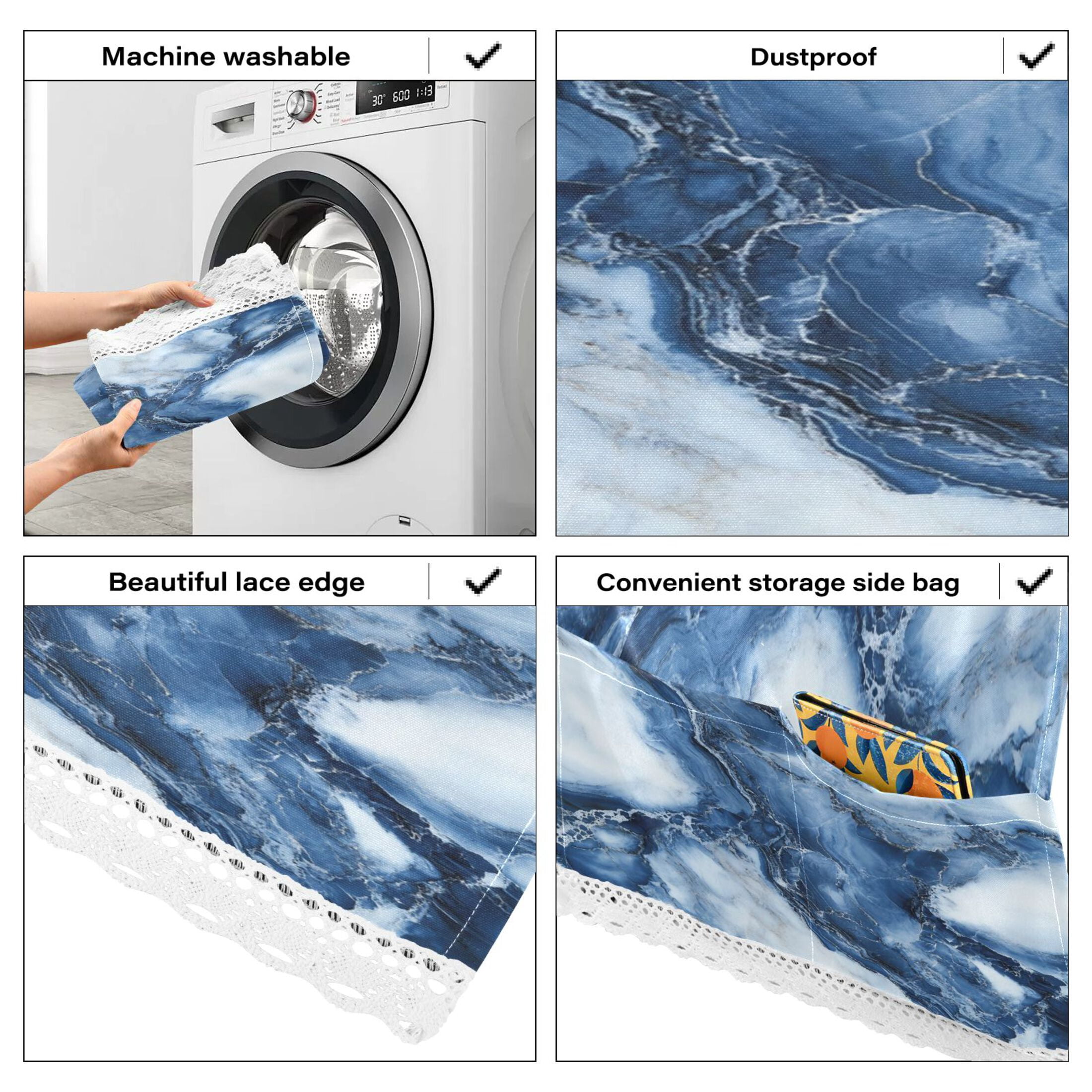 Ink Blue White MarbleWasher and Dryer Covers Dust-Proof and Oil Resistant Fridge Cover with 4 Storage Pockets Washing Machine Top Cover for Laundry Kitchen Home 51.2 x 22 In