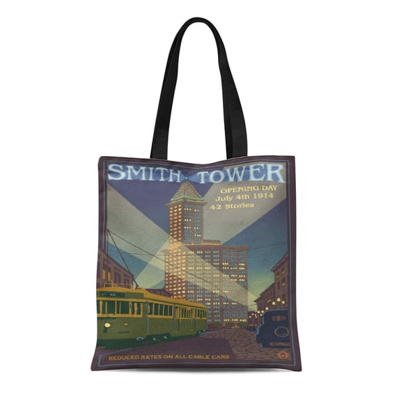LADDKE Canvas Tote Bag Lantern Smith Tower Seattle Travel Press Vintage Retro Old Reusable Handbag Shoulder Grocery Shopping Bags