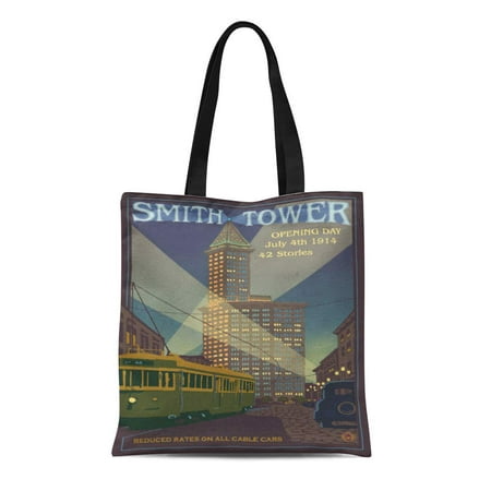 LADDKE Canvas Tote Bag Lantern Smith Tower Seattle Travel Press Vintage Retro Old Reusable Handbag Shoulder Grocery Shopping