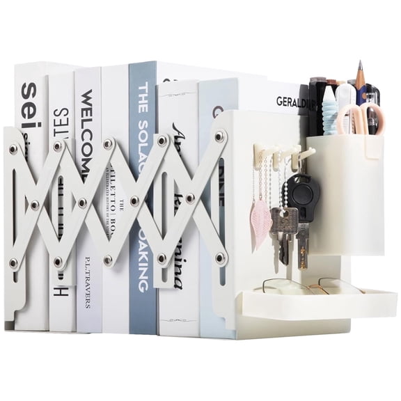 Adjustable Bookends, 19" Metal Book Ends for Heavy Books, Book Organizer for Office, Bookstore, Home, White