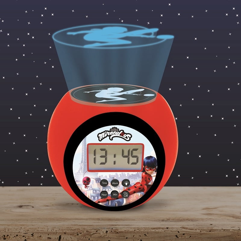 Lexibook - Miraculous Projector Alarm Clock with Snooze Function and Alarm Function, Night Light with Timer, LCD Screen, Battery Operated, Red / Black