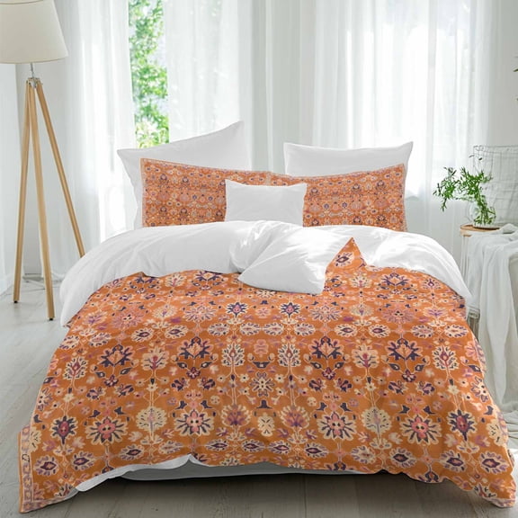 3 Piece Boho Orange Duvet Cover Set Twin Size,Microfiber Comforter/Quilt Cover with Corner Ties and 2 Pillowcases,Country Style Bohemian Floral Retro Tribal All Season Bedding with Zipper Closure