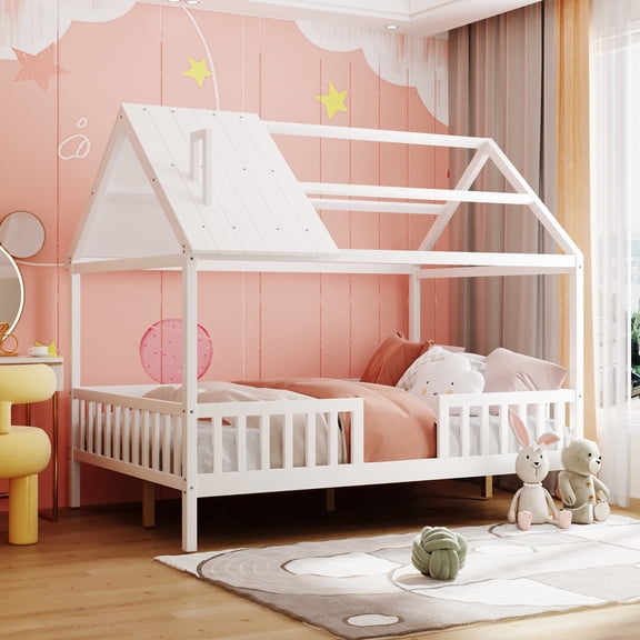 [Luckynote]Full Size Wood House Bed with Fence, White