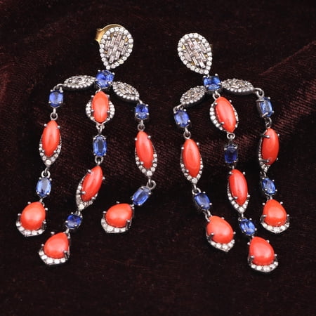 Natural Coral Kyanite,Diamond Gemstone 925 Sterling Silver Earrings