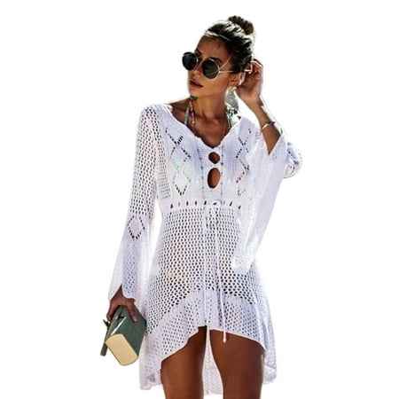 Women  Bikini Cover Up Mini Dress Top Knit Crochet Hollow Long Flared Sleeve Beachwear Summer Casual Party Knit Bathing Suit