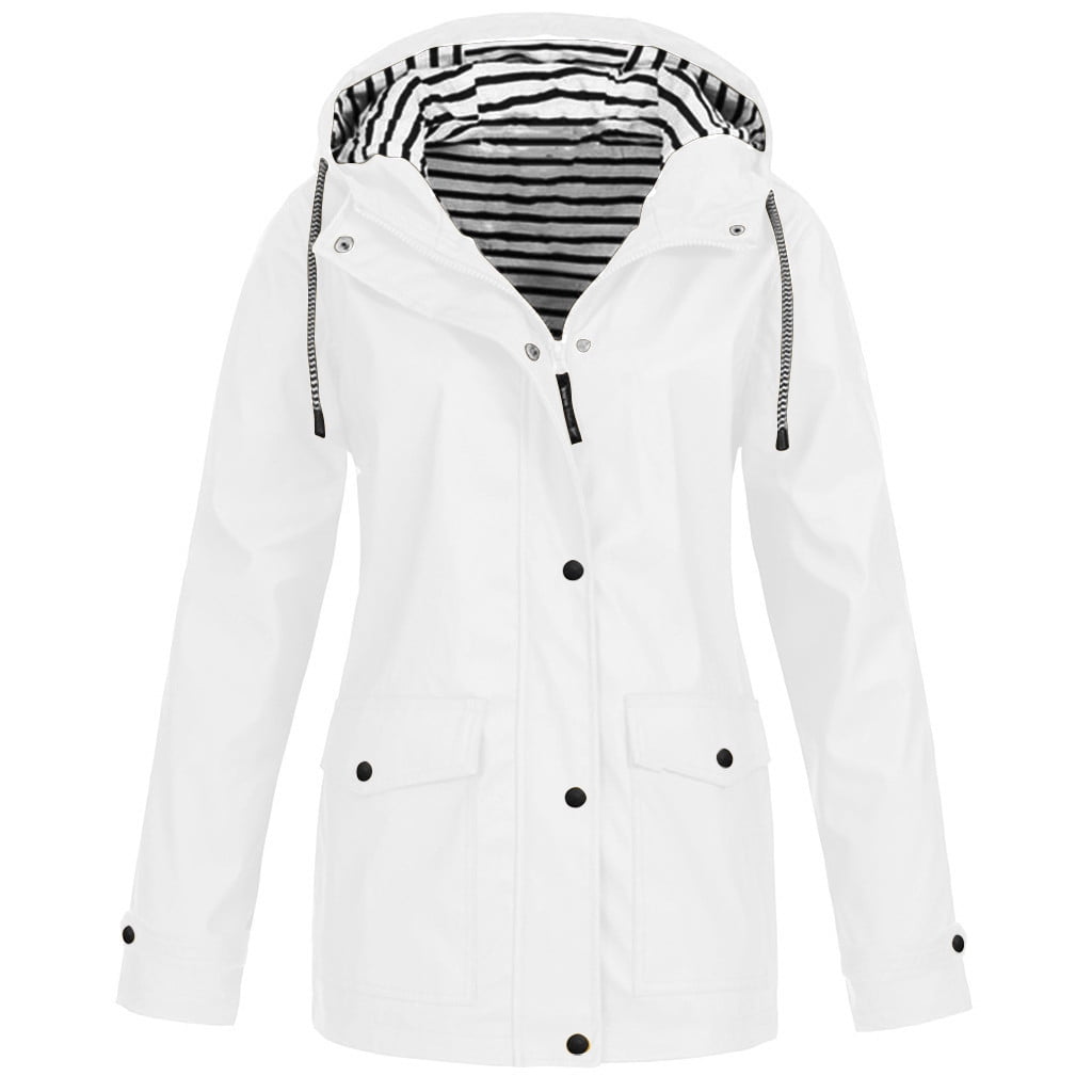 Moent Sales Plus Women Solid Rain Jacket Outdoor Plus Size Waterproof Hooded Windproof Loose Coat Tops for Women UK Size Autumn Winter Blouse 