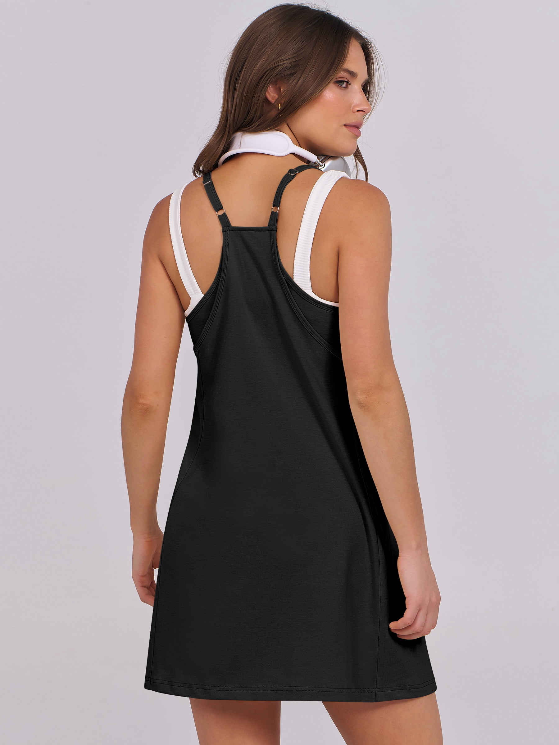 ANRABESS Women's Athletic Dress with Built in Shorts Spaghetti Strap Mini Romper Dress with Pockets, Summer Tennis Workout Dress