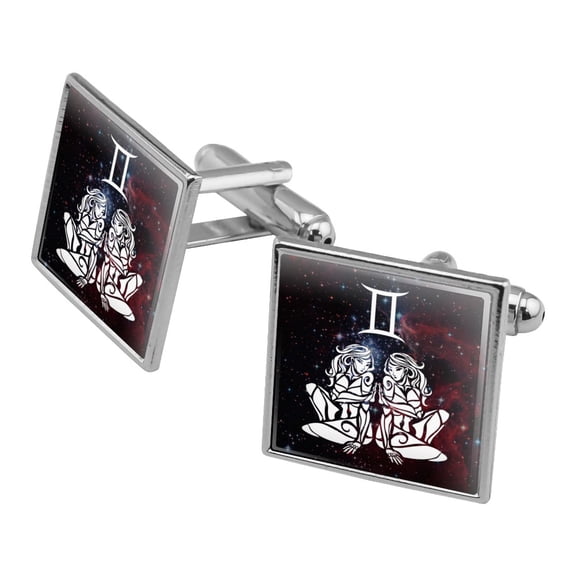 Gemini Twins Zodiac Sign Horoscope in Space Square Cufflink Set - Silver or Gold