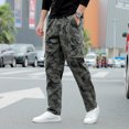thumbnail image 2 of Ropa de hombre primavera otoño estampado de camuflaje geométrico botón elástico cintura alta bolsillos Pantalones rectos pantalones Vintage, 2 of 4