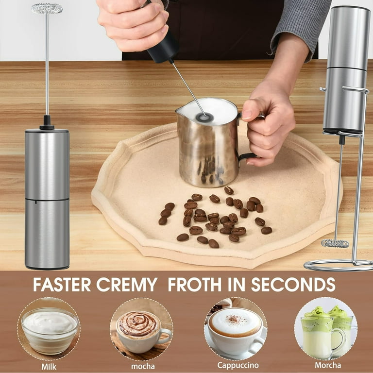  Powerful Handheld Milk Frother, Mini Milk Frother, Battery  Operated Stainless Steel Drink Mixer - Milk Frother Stand for Milk Coffee,  Lattes, Cappuccino, Frappe, Matcha, Hot Chocolate. Great Gift.: Home &  Kitchen