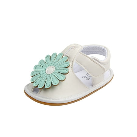 

Daeful Infant Crib Shoes First Walkers Princess Shoe Closed Toe Sandals Walking Comfort Magic Tape Soft Sole Flat Sandal White+Green Flower 12-18 months