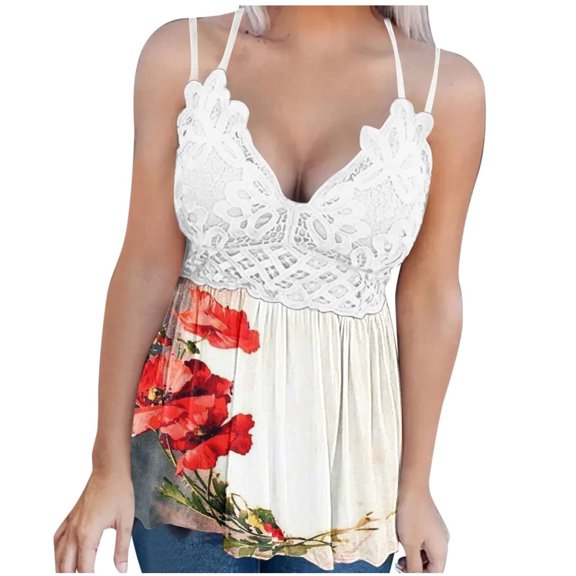 2026 ! under $5 asdoklhq Juniors Plus Tops & T-Shirts,Women's Lace Patchwork Printed Vest Sleeveless Blouse Suspenders Tops