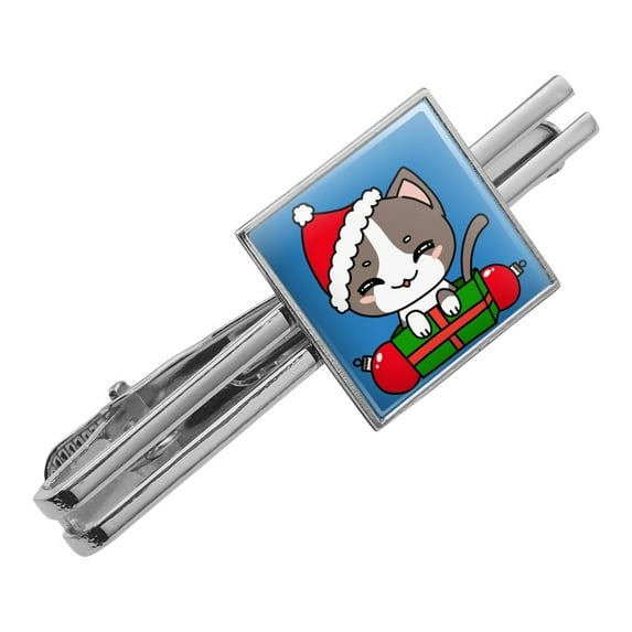 Merry Christmas Cute Kawaii Cat Kitten Square Tie Bar Clip Clasp Tack- Silver or Gold