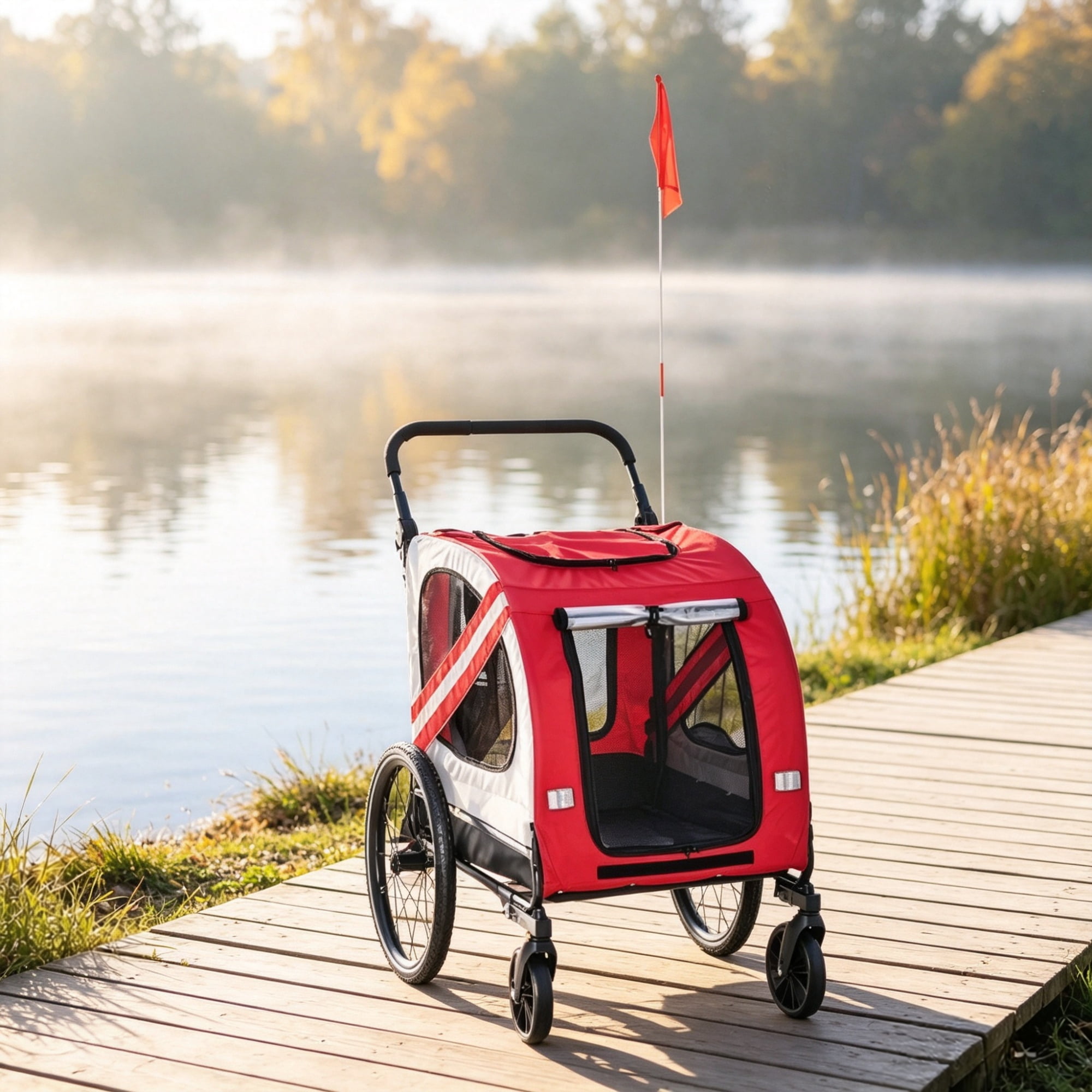2-in-1 Red Dog Bicycle Trailer, Road-Visibility Reflectors, Weather-Strong Cover, as Pet Outdoor Travel Essential for Hiking Routes