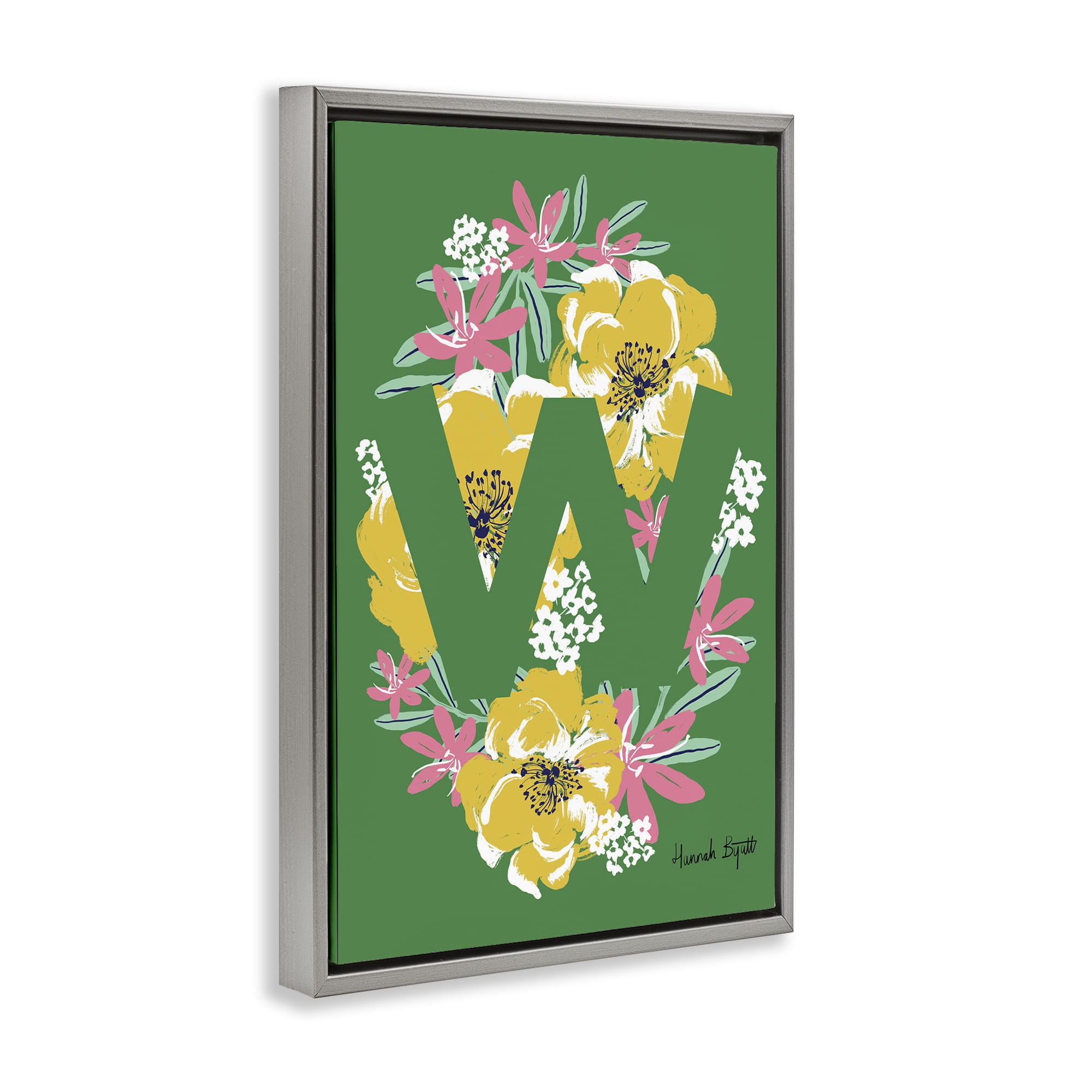 Stupell Industries Floral Bloom Letter W Botanical & Floral Painting Gray Floater Framed Art Print Wall Art, 21 x 31