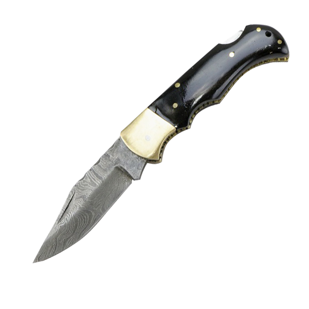 TheBoneEdge 6.5" Damascus Folding Knife Horn Handle Handmade with Sheath New
