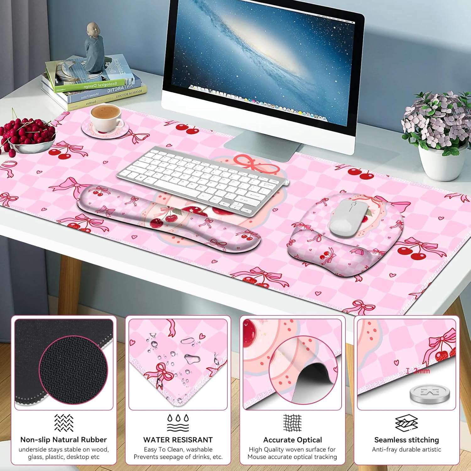 Cute Check Mouse Pad with Wrist Support 4 in1 Set, XXL Big Game Mousepad + Keyboard Wrist Rest + Mouse Wrist Rest Pad +Coaster Gaming Mat for Work Study Home Office I Pink Cherry & Bow Dream