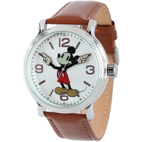 Mickey Mouse Men's Shinny Silver Vintage Articulating Alloy Case Watch, Brown Leather Strap