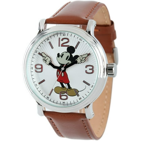 Disney Mickey Mouse Men's Shinny Silver Vintage Articulating Alloy Case Watch, Brown Leather Strap
