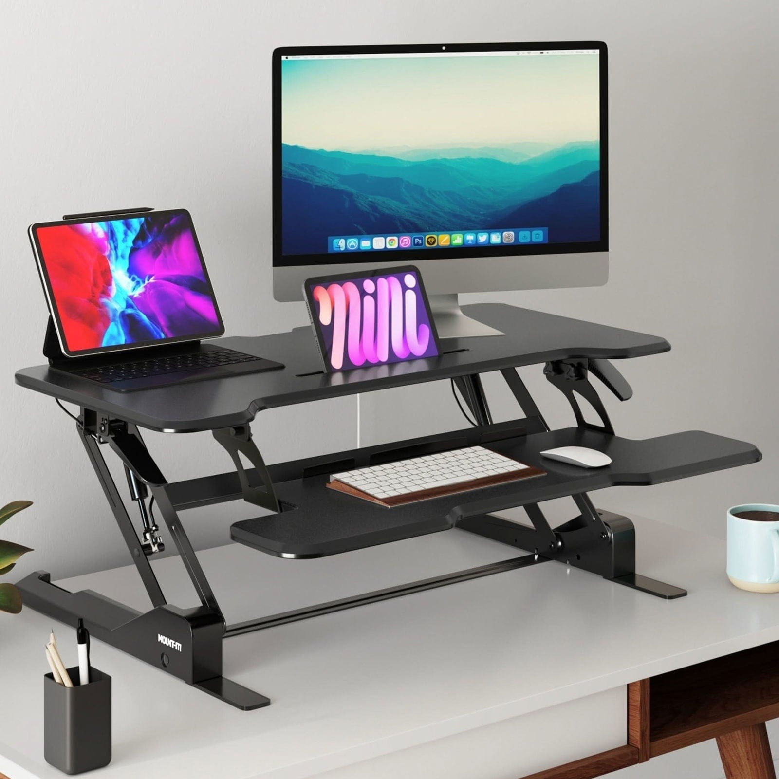 Mount-It! 38'' Standing Desk Converter – Height Adjustable Sit Stand Riser with Dual Monitor Space, Keyboard Tray & Device Slot – Gas Spring Lift, MDF Desktop, Black
