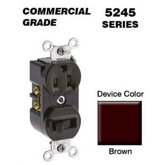Leviton 5245 15 Amp, 120 Volt, Duplex Style 3-Way AC Combination Switch/ Receptacle, Commercial Grade, Grounding, Brown