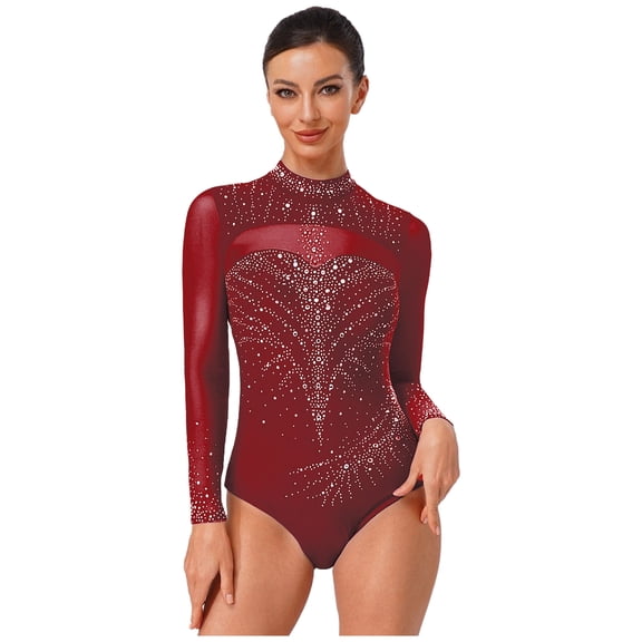TTAO Women Rhinestone Sparkly Artistic Gymnastics Bodysuits Sheer Mesh Long Sleeve Ice Skating Sheer Mesh Leotard Burgundy XXL