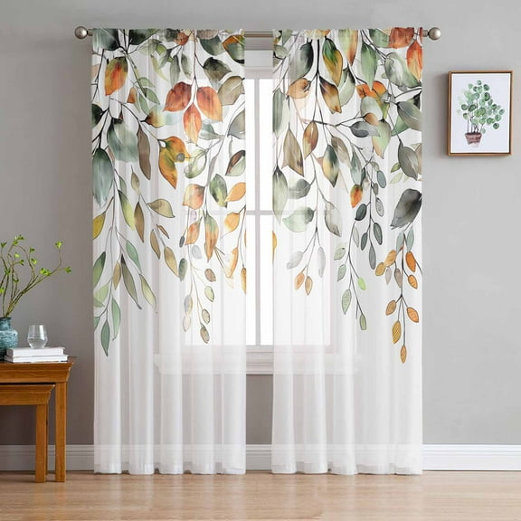 Orange Green Eucalyptus Leaves Sheer Curtains 96 Inches Long 2 Panels Set, Window Sheer Curtains for Living Room/Bedroom, Fall Botanical Watercolor Light Filtering Rod Pocket Curtain 52'' x 96'' x 2