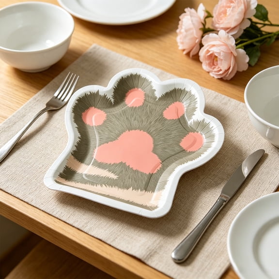 MMJ Paper Plates 10 Pack Cat Paw Disposable Party Plates Cute Animal Shaped Birthday Cake Dessert Tableware