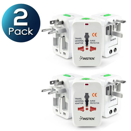 2 Pack World Wide International Travel Adapter Plugs by Insten, White Universal All-In-One (US UK EU