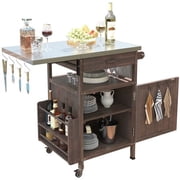 40.5" Outdoor Grill Cart with Stainless Steel Top, Solid Wood Outdoor Storage Cabinet with Drop Leaf, One Drawer, Towel Rack, Rolling Kitchen Cart with Lockable Wheels for Lawn Garden, Brown