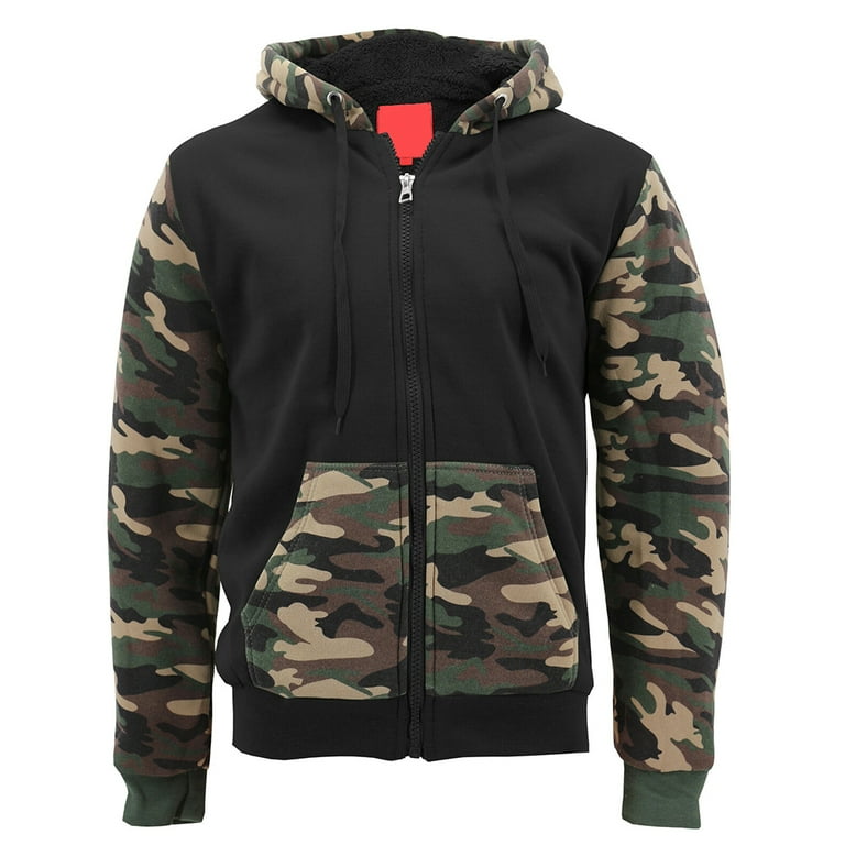 Mens Army Camo Zip Up Hoodie Sherpa Fleece Lining Sweater Jacket