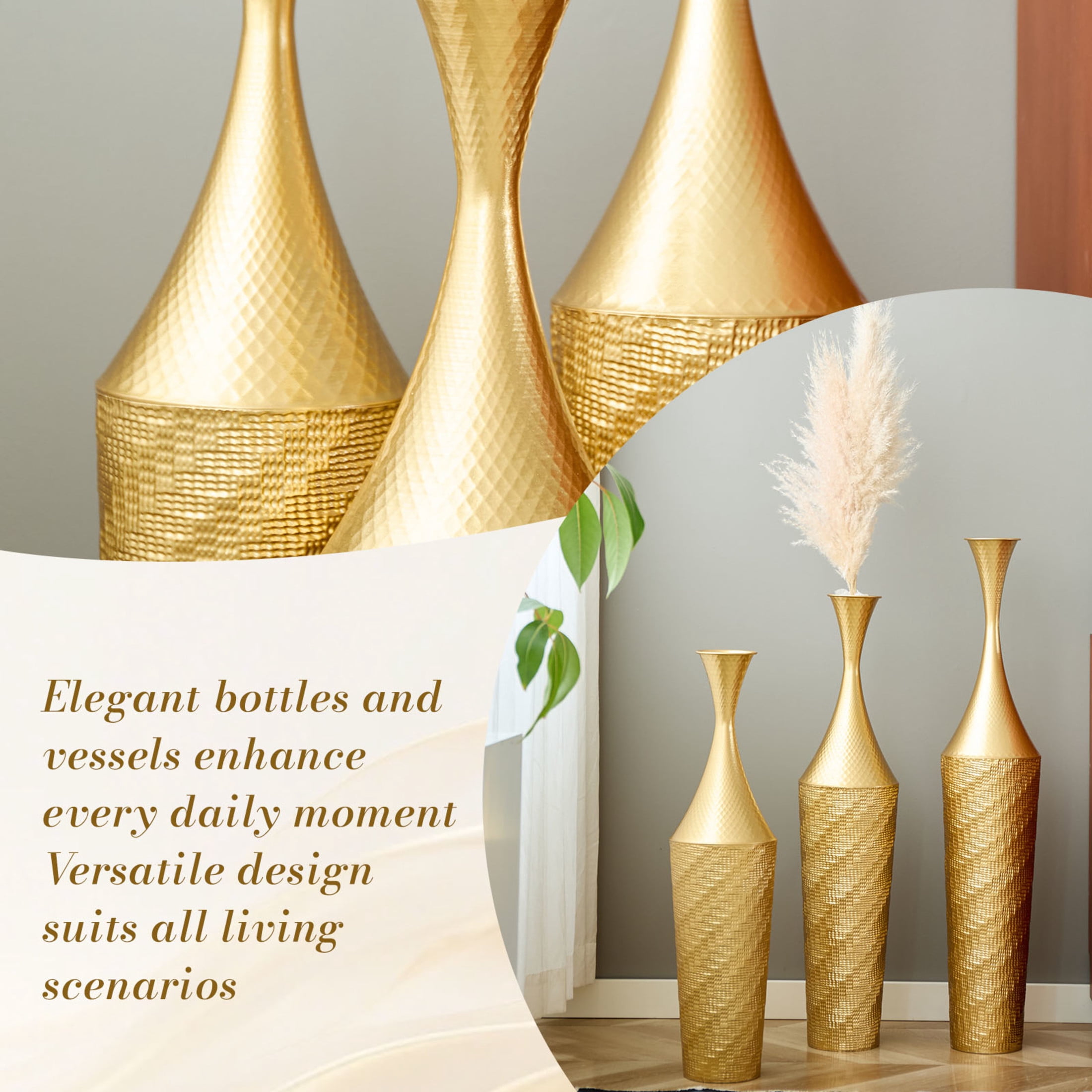 Noble House 27.56", 31.5", 35.43" Metal Floor Vase Set of 3, Textured Handcrafted Vases, Gold