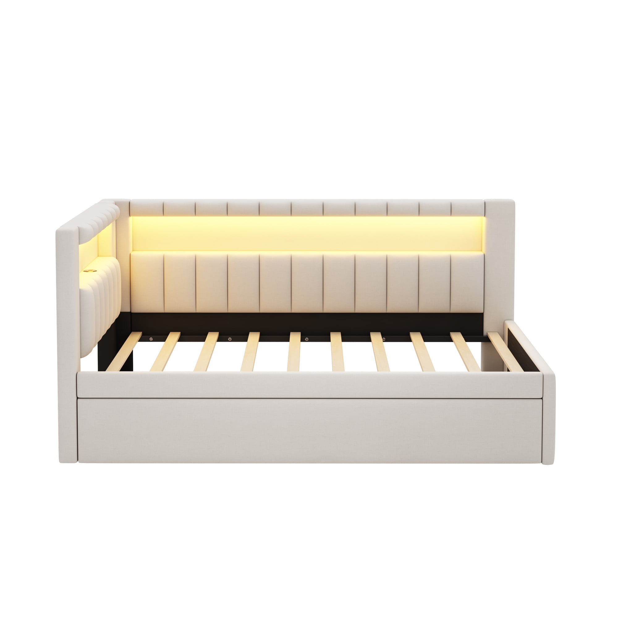 Euroco Upholstered Twin Size Daybed with Trundle, USB Charging Station and LED Light, White