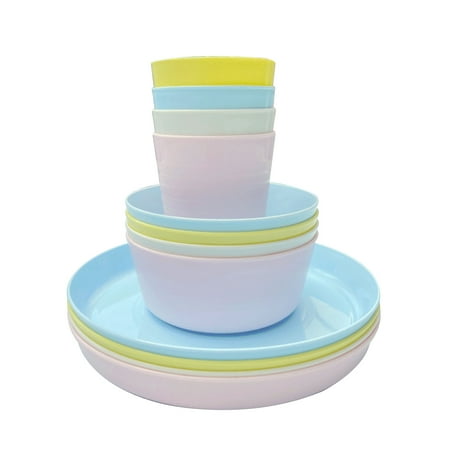 

12 Piece Plastic Dinnerware Set Reusable BPA Free 4 Cups 4 Bowls and 4 Plates Suitable for Toddlers Kids Children P