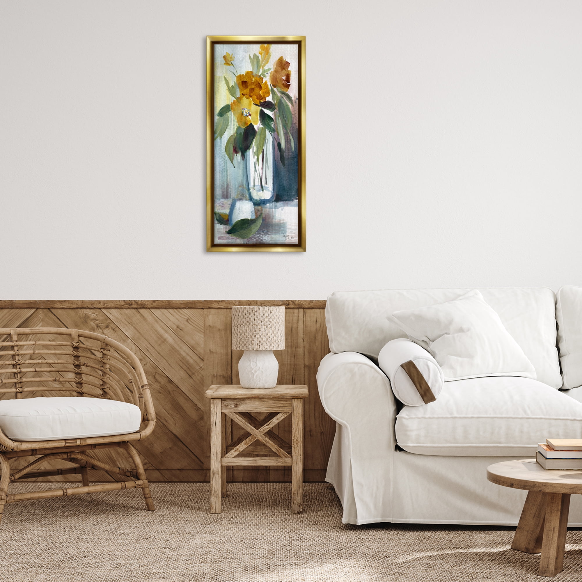 Stupell Industries Luminous Floral Bouquet Plants & Flowers Painting Gold Floater Framed Canvas Art Print Wall Art, 14 x 31