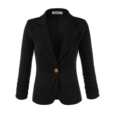 Doublju Women's Casual One Button Blazer with Shirring Long Sleeve
