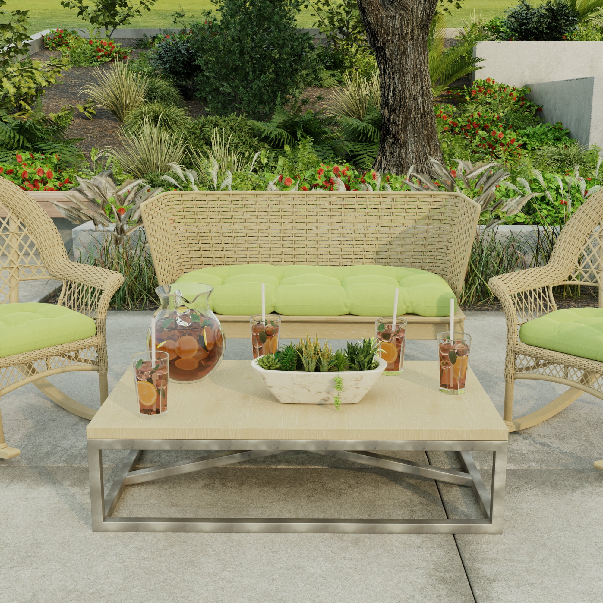 Jordan Manufacturing 44" x 18" McHusk Leaf Green Crosshatch Rectangular Tufted Contoured Crosshatch Outdoor Wicker Settee Bench Cushion