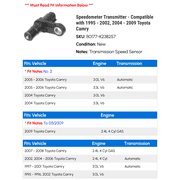 Speedometer Transmitter - Compatible with 1995 - 2002, 2004 - 2009 Toyota Camry 1996 1997 1998 1999 2000 2001 2005 2006 2007 2008
