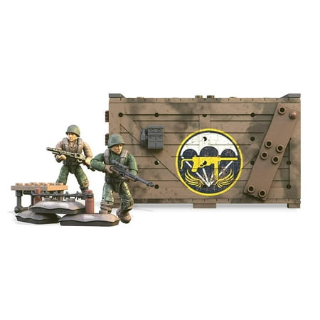 Call Of Duty WWII Armory Shipment Dom Building Set, WWII-themed shipping container with authentic wood finish and printed airborne division emblem By Mega