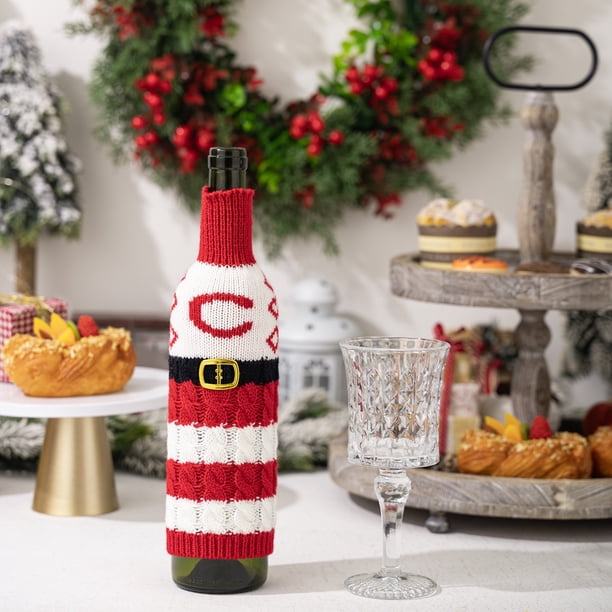 Funda tejida para botella de vino con letras del alfabeto, a rayas rojas y blancas, 26 letras para decorar botellas de vino.