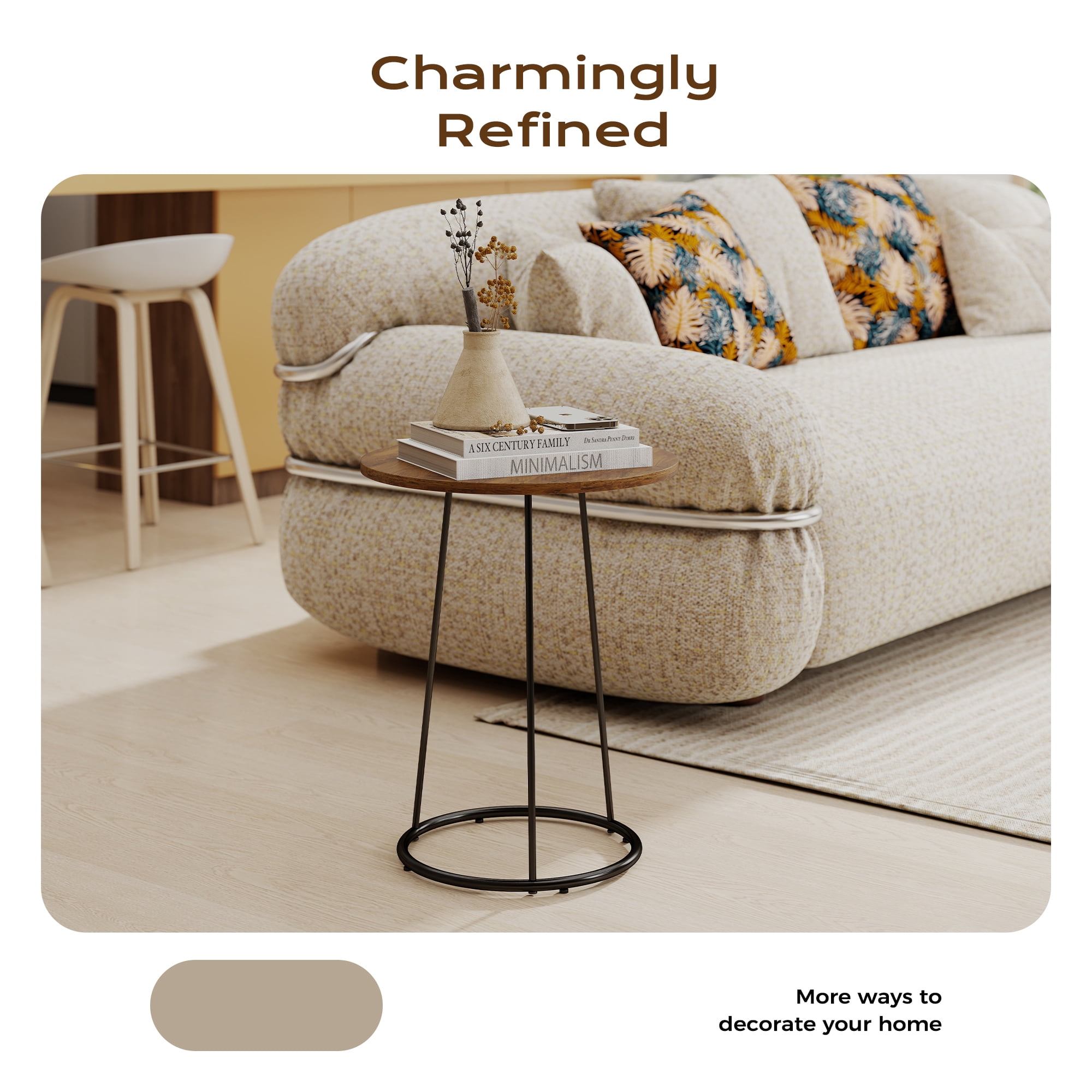 Manora Nesting Side Tables Set of 2, Round Rustic End Tables with Metal Frame, Modern Coffee Accent Tables for Living Room Bedroom Small Spaces, Brown