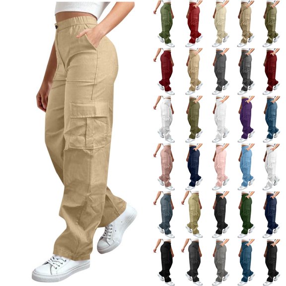 Axiiglly Cargo Pants Women Button Zip High Waist Work Pants with Multi Pockets Plus Size Climbing Hiking Athletic Trousers S-3XL