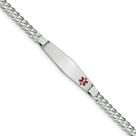 14K WG Medical Soft Diamond Shape Red Enamel Flat Curb Link ID Bracelet (Weight: 13.98 Grams, Length: 8 Inches)