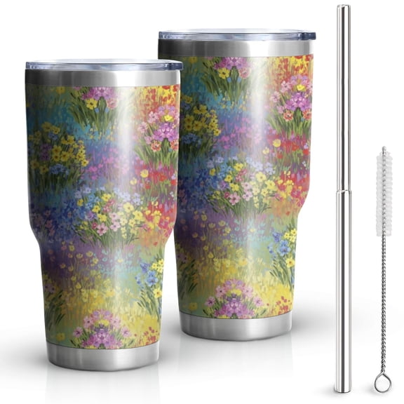 30oz Pioneer Flower Floral Print Pattern Tumbler, Double Wall Vacuum Insulated Cup, BPA-Free Leak Proof Lid & Reusable Straws, Hot 12h, Cold 34h