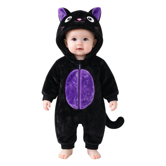 Mercatoo Baby Black Cat Halloween Costume, Toddler Fleece Hooded Onesie Romper with Tail, Infant Cute Animal Outfit for Halloween Party & Photo Shoot