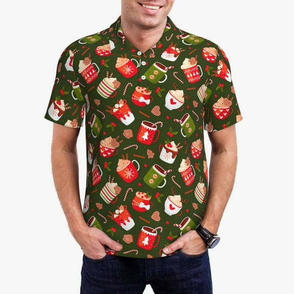 Kdxio red green coffee cup Print Men's Short Sleeve Polo Shirt,Midweight Men's Shirt-Small
