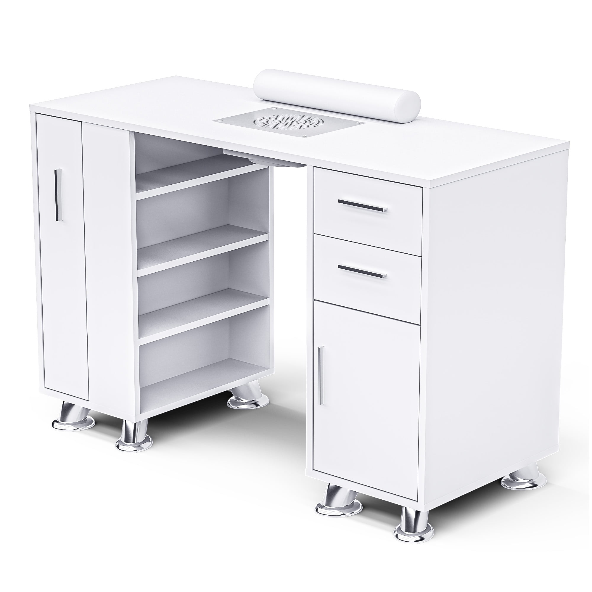 ADVWIN Manicure Table with Dust Collector, Nail Tech Desk for Beauty Salon, Nail Station with Wrist Cushion, Drawers, Shelves, and Storage Cabinet